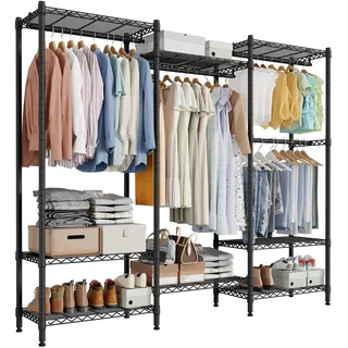 Mondeer Offener Kleiderschrank, Kleiderständer mit Regalen aus Metall | 180 cm hoher Kleiderschrank mit 4 Kleiderstangen, 8 verstellbaren Ablagen, 390 kg belastbar für Ankleidezimmer, Schwarz