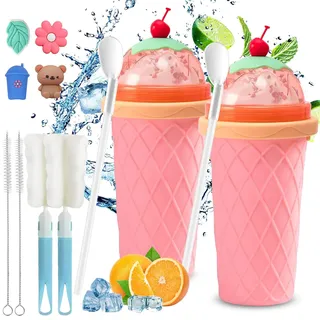 Slush Becher,2 Pcs 330ml Slushie Maker Becher,Slush Becher maker Silikon Squeeze Cup,DIY Slushy Maker Cup Gefrorene Maker Smoothie Becher Sommer-Slush Cup mit Strohhalmlöffel