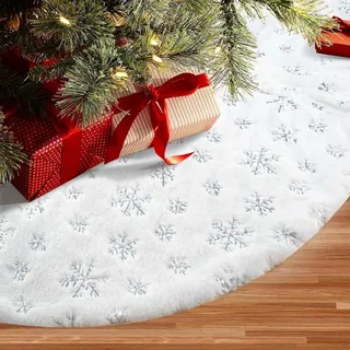 XiXiRan Decke Weihnachtsbaum Rock 90 cm Runde, Schneeflocke weiß Plüsch Weihnachtsbaum Decke, Decke Unterm Tannenbaum, Christbaum Teppich für Weihnachtsbaum Verzierung (Silberne Schneeflocke, 90 cm)
