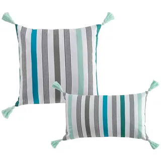 Macosa Home Dekokissen Kissen Baumwolle Weiß Blau Grün Gestreift vers. Größen, Quasten Baumwolle mit Reißverschluss inkl. Füllung blau|bunt|grün Set | 40 cm x 40 cm
