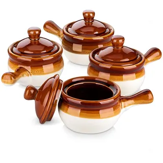 LOVECASA Französische Zwiebel, French Onion Soup Crocks, 4 Stück Steingut Zwiebelsuppe Schalen Set, 480ml Soup Bowls with Handles Soup Bowls with Lids for Soup für Zwiebelsuppe, Eintöpfe, Kasserollen