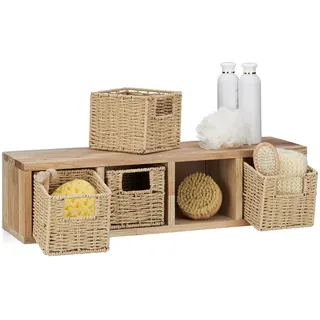 Relaxdays Wandregal Walnuss 4 herausnehmbare Körbe, natürliches Design, zur Wandmontage, natur