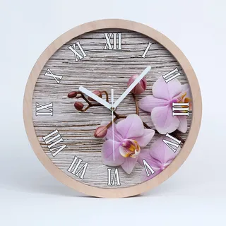 Tulup Holzuhr Uhr Holz ⌀ 30cm Dekoration Wanduhr Modern Runde Stille Uhren Weiße Uhrzeiger - Orchidee auf dem Holz