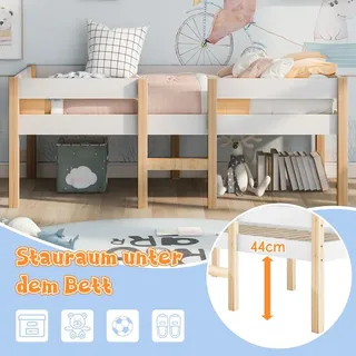 Kinderbett 90 × 190 cm, Halbhochbett aus massivem Kiefernholz mit Rausfallschutz, Leiter und 2 Schubladen, Jugendbett mit Stauraum, Weiß/Natur - Weiß