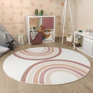 Paco Home Kinderteppich Teppich Kinderzimmer Rund Waschbar Bis 30 Grad Sonne Regenbogen Pink, Ø 100 cm Rund,