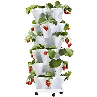 JYSSH Vertikaler Stapelbarer Blumenturm, Gestapelte Pflanzgefäße Im Freien, Mehrschichtige Stand Garden Smart Pflanzgefäße für Erdbeergemüse Kräuter,White-Threepetals