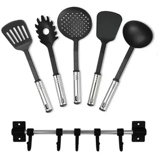 Ora-Tec Küchenorganizer-Set 6-teiliges Set Antikratz Küchenhelfer Küchenutensilien Silikon hängend, (platzsparendes beschichtungsschonendes Küchenhelfer-Set, 2x Wender 5x Haken je 1x Schaumlöffel Spaghettiheber Suppenkelle), zum Aufhängen inkl. ca. 30cm lange Hängestange schwarz