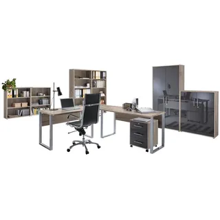 BMG Möbel Büromöbel komplett Set Arbeitszimmer, Office Edition in Eiche, Sonoma/Anthrazit Hochglanz, lackiert (Set 6)