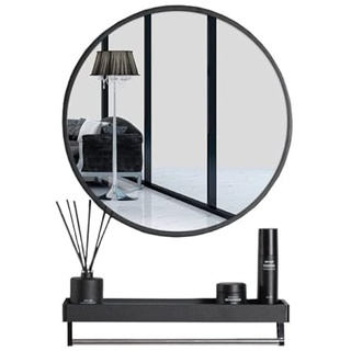 NMK HOME Runder Spiegel 60 cm - Dekorative Wandspiegel mit Schwarz Rahmen und Ablage für Badezimmer, Waschtisch, Wohnzimmer und Schlafzimmer