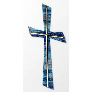 Wachsmotiv Kreuz blau silber, multicolor mit goldfarbigen Wachsstreifen 11 x 5 cm - Wachsornament Kreuz, Wachsdekore für Kerzen - 9680 - zum Kerzen gestalten und basteln.