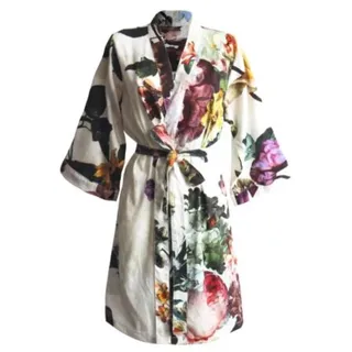 ESSENZA Kimono Fleur Ecru, XL - 100% Baumwollsatin - Blumen Pfingstrosen Tulpen