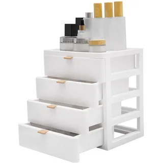 KigerNee Schreibtisch-Organizer 4 Schubladen Stapelbar|Aufbewahrungsbox Schubladenorganizer mit Acryl Schubladen|Büro Organizer für Bürobedarf, Kosmetik & Schreibwaren|Weiß Transparent|26x20x29cm