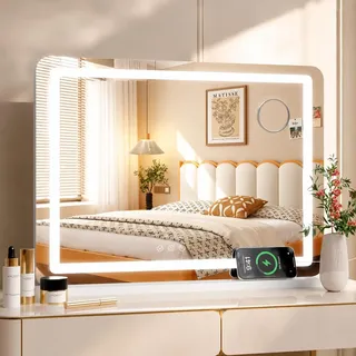 MAMIZO Schminkspiegel mit Beleuchtung, 50X40cm, Mit USB und Typ-C, Kleiner Hollywood Spiegel,10x-Lupe, 3 Farbtemperaturen, Wandspiegel, Tischspiegel, mit Touchscreen-Steuerung, Spiegel mit licht