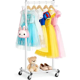 MISSLO Kinder Kleiderständer auf Rollen, 114cm Stabil Klein Kleiderstange mit Ablage, Metall Schmal Garderobenständer for Kinderzimmer Dress-up-Ständer, Weiss