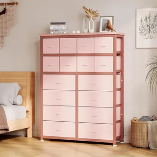 GarveeMore Vielseitige Kommode mit 16 Stoffschubladen – Modernes Sideboard für Schlafzimmer, Wohnzimmer, Flur oder Büro – Platzsparendes Aufbewahrungsregal mit vielseitiger Nutzung – Farbe: Pink