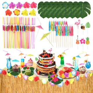 xinyids 65 Stück Hawaii Party Deko Set, Tropische Party Dekoration mit Hawaii Luau Tischröcke, Palmenblätter, Blüten, Cupcake Topper, Strohhalme für BBQ Garten Sommer Beach Tiki Partydekoration