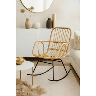 Mid.you Schaukelstuhl, Natur, Beige, Holz, Metall, Rattan, massiv, Uni, 57x95x84 cm, Schaukelfunktion, inklusive Armlehnen, Wohnzimmer, Sessel, Schaukelstühle