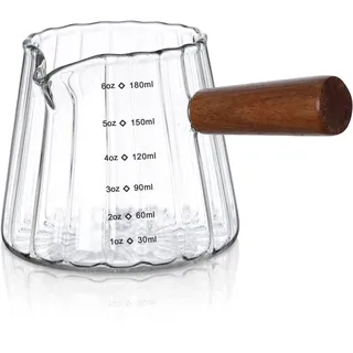 Joeyan 180ml Espresso Messbecher Glas mit Holzgriff, Barista Zubehör mit Skala ml & oz, Küche Macha Measuring Cup V-förmiger Ausguss, Kleine Borosilikatglas Milchkännchen,Spülmaschinenfest,Transparent