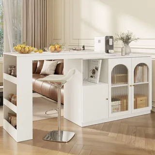 Wohnzimmer Bartisch 360° drehbarer Ess- und Barschrank mit Glasschranktüren, Multifunktionaler Aufbewahrungsschrank mit offenen Regalen und Schränken für Wohnzimmer, Esszimmer & Küche – Weiß