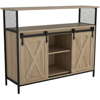 Relaxdays Sideboard mit Schiebetüren, HBT: 80 x 100 x 33 cm, 6 Fächer, Beistellschrank Küche & Wohnzimmer, Natur/schwarz