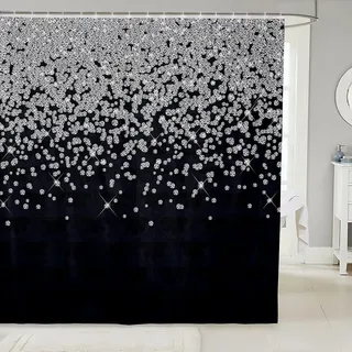 Loussiesd Silber Glitzer Duschvorhang 180x200cm (kein Glitzer) Bling Party Deko schwarz Badezimmer Stoff für Kinder Jugendliche Diamant Blumen Duschvorhang Textil wasserdichte Vorhänge