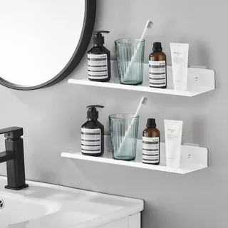 Bohrloses Montagesystem – Set mit 2 Wandregalen – Hängendes Regal – Weißes Metall – Tiefe 10 cm x Breite 30 cm – Für Küche/Badezimmer... - Weiß