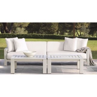 Casa Padrino Luxus Gartensofa Weiß / Sandfarben 273,5 x 100 x H. 72 cm - Wetterbeständiges Garten Terrassen Sofa mit Kissen - Hotel Möbel - Luxus Qualität