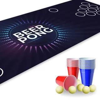 younikat Bierpong Matte 180 x 60cm I Bierpong Becher Set inkl. 22 Becher und 6 Bälle I Bierpongmatte rutschfest & wasserabweisend I Beerpongbecher Zubehör für Party, Garten & Festival | dv819