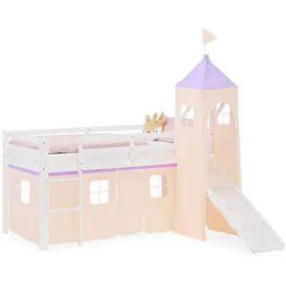 Homestyle4u Hochbett mit Rutsche 90 x 200 cm Kiefer lackiert weiß lila