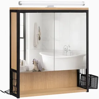 EUGAD Spiegelschrank Bad, hängend, aus Metall MDF, schwarz + helle Eiche - Schwarz