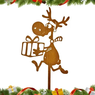 exatta Lustiges Rentier Weihnachten Roststecker,Gartenstecker Metall Deko | Roststecker Weihnachtsdeko Draußen Gartendeko,Rust Blumenstecker Weihnachten für Garten Terrasse Balkon,Rostdeko 32cm x 9 cm