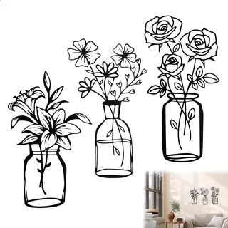 Wanddeko Metall Schwarz 3-teilig, Wanddeko Flur und Deko Küche Wand, Metallbilder wanddeko für Wohnzimmer, Schlafzimmer und Küchenwand, Vasen