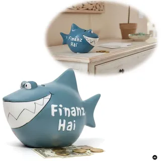 LS-LebenStil Spardose Keramik Sparschwein Spruch Finanz-Hai Blau Weiß Gold Sparbüchse, (perfekt als Geschenk zum Geburtstag Hochzeit oder Verlobung, Taufe, 1-tlg., 100% von Handbemalt, mit Filzgleiter - keine Kratzer), Exklusives Design, Originelle lustige Sprüche blau 13.00 cm x 13.00 cm x 11.00 cm x 7.00 cm