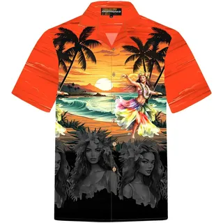 Hawaiihemdshop.de Hawaiihemd Hawaii Hemd Herren Baumwolle Kurzarm Hawaiihemd mit Palmen und Meer orange S