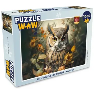 MuchoWow Puzzle Eule - Vögel - Blumen - Natur, 1000 Puzzleteile, Foto-Puzzle, Bilderrätsel, Puzzlespiele, Klassisch 48 cm x 68 cm x 2 cm | Querformat