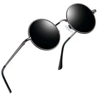 Joopin Retro Sonnenbrille Rund Herren Klassische Sonnenbrille Damen Rund Polarisiert Schwarz Hippie Brille UV400 Schutz (Grau Schwarz) - Einheitsgröße