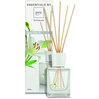ipuro Essentials Raumduft white lily - Raumduft für ein blumig-zartes Raumklima - Lufterfrischer mit hochwertigen Inhaltsstoffen (100ml) - aus Glas mit Rattanstäbchen