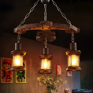 Vintage Pendellampe E27 Industrie Kronleuchter Vintage Holz Pendelleuchte Schwarz Eisen Und Glas Lampenschirm Höhenverstellbare Hängelampe Beleuchtung Loft Innen Restaurant Wohnzimmer Bar Dekoration,D