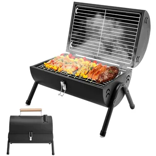 Holzkohlegrill Klein Klappgrill Doppel Grillfläche BBQ Grill Mini Koffergrill mit Deckel Tischgrill Tragbarer Grill für Outdoor Camping Balkon Picknick und Barbecue (50 x 37,5 CM)