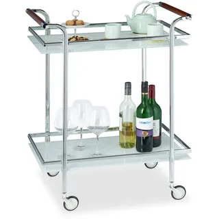 Relaxdays Servierwagen Milchglas, Servicewagen, Teewagen, mit 2 Ablagen, offen, Deluxe Rollen, HBT 85x66x43 cm, Silber,