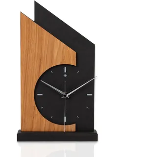 Standuhr „Skyscraper“ aus Holz – Schwarze Tisch-Uhr mit brauner Eiche-Applikation; Größe ca. 34,5x20x5cm (Applikation Eiche braun, leises Funkuhrwerk)