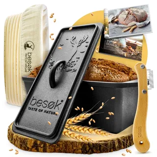 Brotbackform mit Deckel, Gärkorb & Teigmesser  Gusseisen Backform Brot backen...