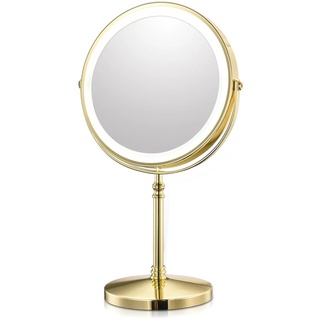 KEYQEEN Beleuchteter Stand-Make-up-Spiegel, 10X vergrößernder Kosmetikspiegel, doppelseitiger Desktop-LED-Rasierspiegel mit USB-Aufladung und Dimmung,Gold