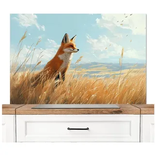 KitchenYeah Küchenrückwand Fuchs - Gras - Wolken - Orange, (1-tlg), Spritzschutz Herd Wand, Küchen Deko, 120x80 cm 120 cm x 80 cm