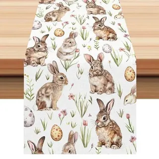 Tischläufer Ostern 40x140cm wasserabweisend Leinenoptik Kaninchen Tulpen