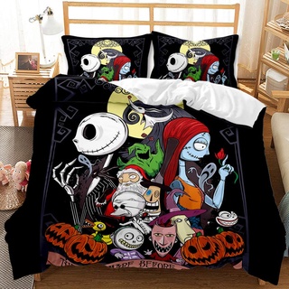 Nightmare Before Christmas Bettbezug-Set, Halloween-Bettwäsche, 3-Teiliges Bettwäsche-Set Mit1/ 2 Kissenbezügen, Mikrofaser, Bequem und Weich (Halloween 10,135 x 200 cm)