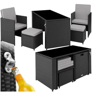tectake Poly Rattan Sitzgruppe, 5- teiliges Lounge Gartenmöbel Set mit Tisch, Sessel & Hocker, Essgruppe für bis zu 4 Personen, Garten und Balkon Möbel inkl. Polster - schwarz/grau
