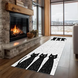 Dppyuxa Küchenläufer Cartoon Katze Waschbar und rutschfest Minimalistisch Schwarz und Weiß Teppich Läufer für Küche und Flur Modern Kätzchen Küchenteppich Maschinenwaschbar Schmutzabweisend 80x300 cm