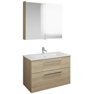 burgbad Eqio Badmöbel-Set 92 cm mit Keramik-Waschtisch Slim und Unterschrank mit Stangengriff P95, mit Spiegelschrank, Badmöbel,