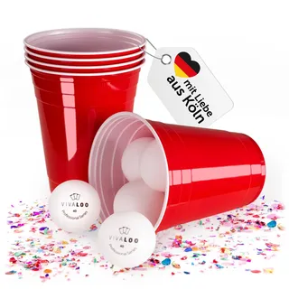 Vivaloo Partybecher 100 Stück + 12 Bälle - 473 ml Plastikbecher wiederverwendbar - Original American Red Cups 100 Stück - Partybecher Hartplastik Becher - Becher Party - Party Becher Plastik - RedCups